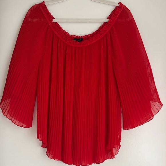 Zara Tops - DEAL! $20! Zara Red Top Sheer Blouse Flirty Long Sleeve Pleated Off the Shoulder